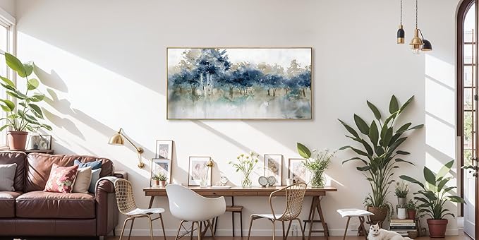 Wall Art Landscape Modern Wall Decor Canvas Painting Blue Ink Wall Art Large Artwork for Living Room Bedroom Office Home Decor 20"x40" with Framed