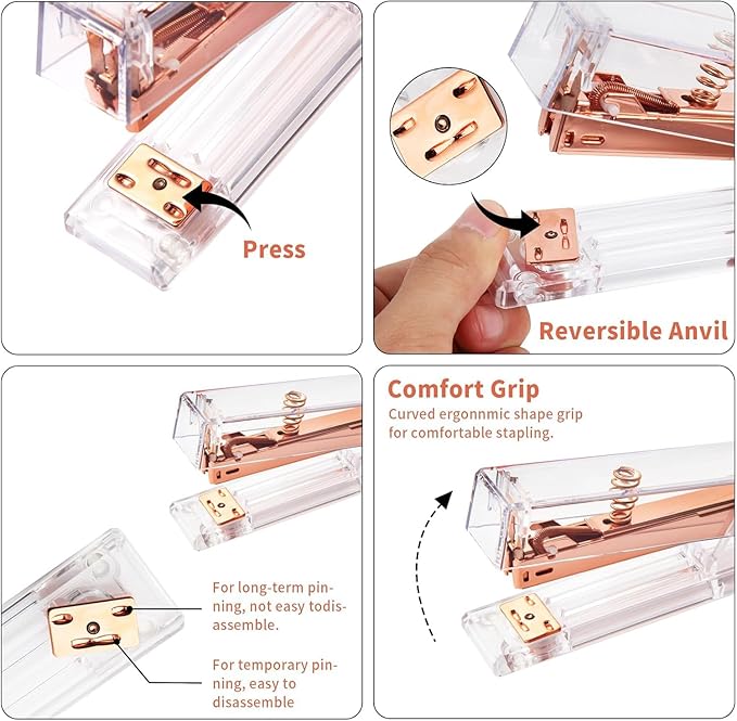Rose Gold Desk Accessories, Office Supplies Set with Acrylic Stapler, Tape Dispenser, Staple Remover, Pen Holder, Scissor, Binder Paper Clips, 1 Ballpoint Pen, 1 Clear Tape and 1000pcs Staples