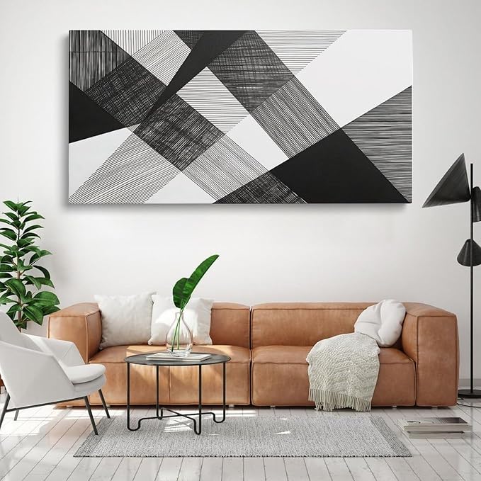 Geometric Abstract Framed Canvas Wall Art for Office, Black White Modern Wall Decor 58"L x 28"W