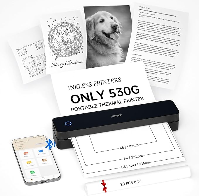 iDPRT Portable Printer Wireless for Travel, Inkless Bluetooth Thermal Printers for Home,Office,Vehicles,Supports 8.5" x 11" US Letter&A4 A5 Size,Compatible with Android and iOS Phones&PC
