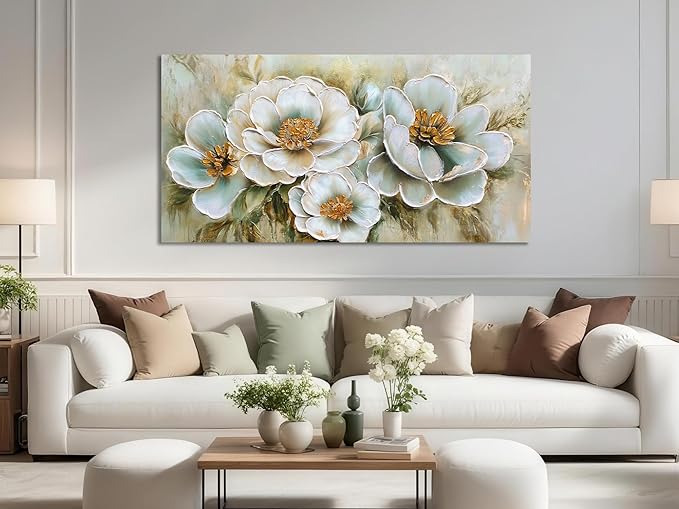 Arjun Vintage Wall Art Canvas Flower for Living Room, Rustic Floral Painting Bedroom Teal Gold Textured Picture Framed Artwork Dining Room Kitchen Home Office Wall Decor, Extra Large 58"x29"