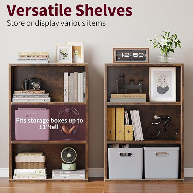 ALISENED 3-Tier Shelf Bookcase, Open Storage Bookshelf, 23.6“ × 9.4” × 35.2“, Storage Organizer Shelving for Home Office, Livingroom and Bedroom, Rustic Brown