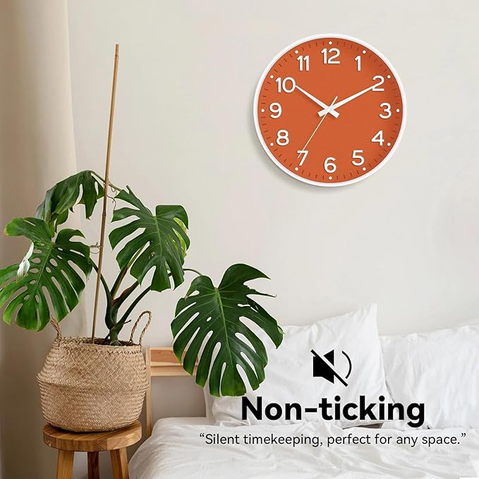 Wall Clock 10 Inch Silent Wall Clocks Battery Operated-Modern Non Ticking Analog Clock Decorative for Kitchen Bedroom Office Bathroom(Orange)