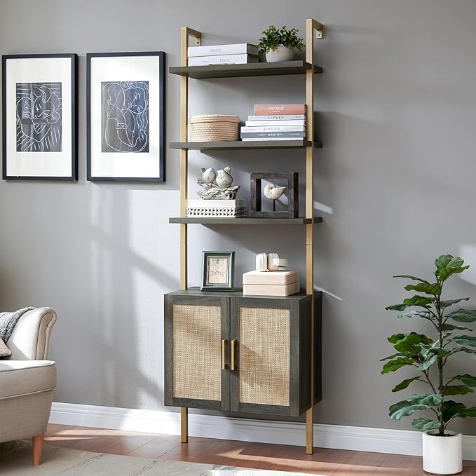 5 Tier Book Shelf, 73" Tall Bookshelf with Storage, Modern Bookcase with Shelves, Wall Mount Ladder Shelf with Steel Frame, Bookshelves with Rattan Cabinet for Living Room (Midnight Oak)