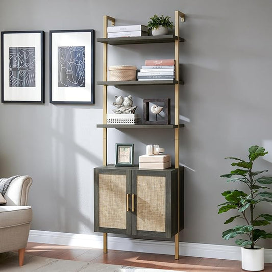 5 Tier Book Shelf, 73" Tall Bookshelf with Storage, Modern Bookcase with Shelves, Wall Mount Ladder Shelf with Steel Frame, Bookshelves with Rattan Cabinet for Living Room (Midnight Oak)