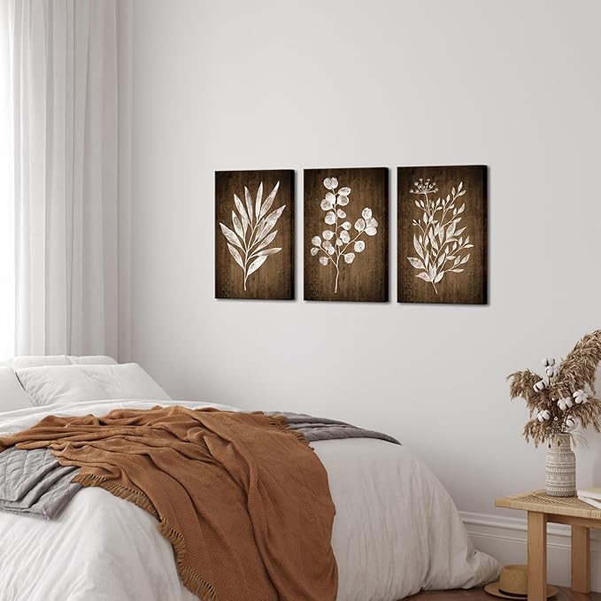 Conipit Rustic Botanical Wall Art Canvas Brown Botanical Painting Minimalist Vintage Leaf Plant Artwork Prints Framed For Living Room Bedroom Wall Decor 16''X24''X3pcs