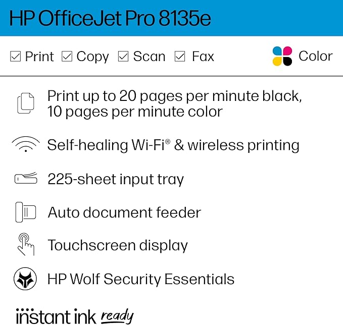 HP OfficeJet Pro 8135e Wireless All-in-One Color Inkjet Printer, Print, Scan, Copy, Fax, ADF, Duplex Printing, Best-for-Home Office, 3 Months of Instant Ink Included (40Q35A) (Renewed Premium)