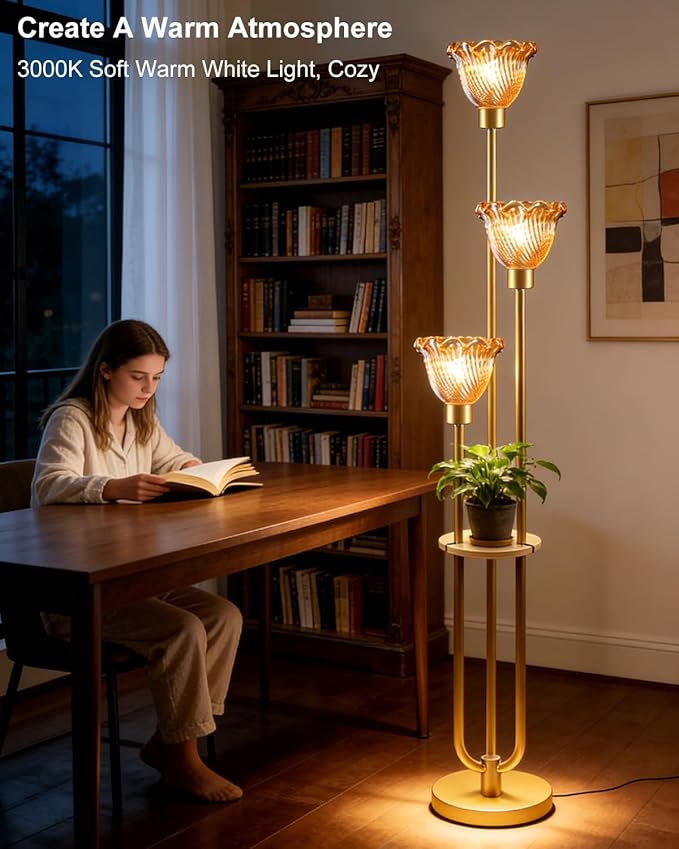Lightdot Glass Floor Lamp for Living Room Gold with Amber Glass Shade & 3000K Bulbs Included 3-Lights Modern Tall Standing Lamp for Bedroom/Sofa Beside/Corner Decor