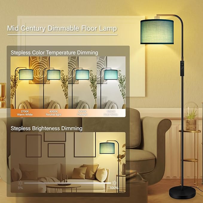BoostArea Dimmable Floor Lamp for Living Room,Arc Remote Control Sofa Lamps,Stepless Dimmable & Colors Temperature,2700-6500k,Foot Switch,67 in All Modern Standing Lamp for Bedroom Office,Green