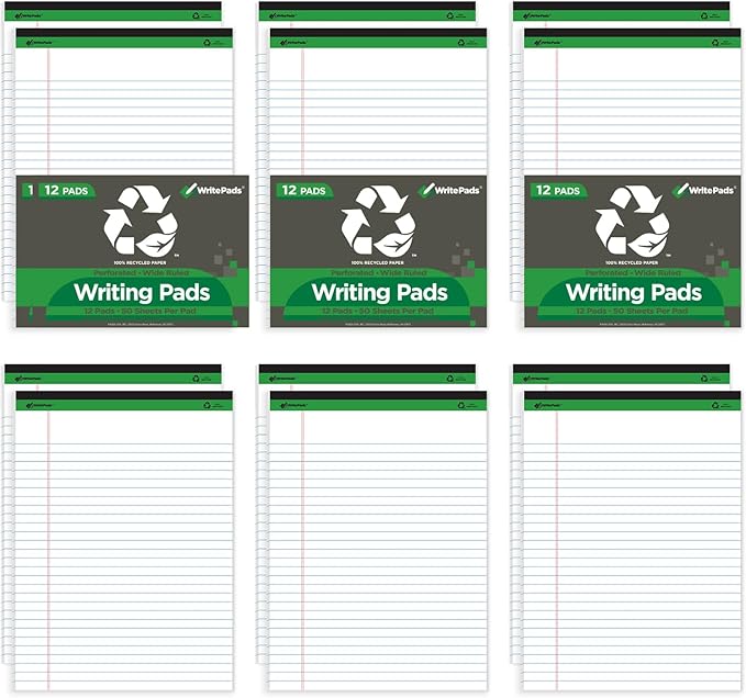 KAISA White Legal Pads Writing Pads 600 Sheets Recycled Paper 5"x8" Narrow Ruled Lined Paper Small Legal pad Perforated 50 sheets Hard Back Notepads Writing Tablet For Office Supplies Study (White 12pads)