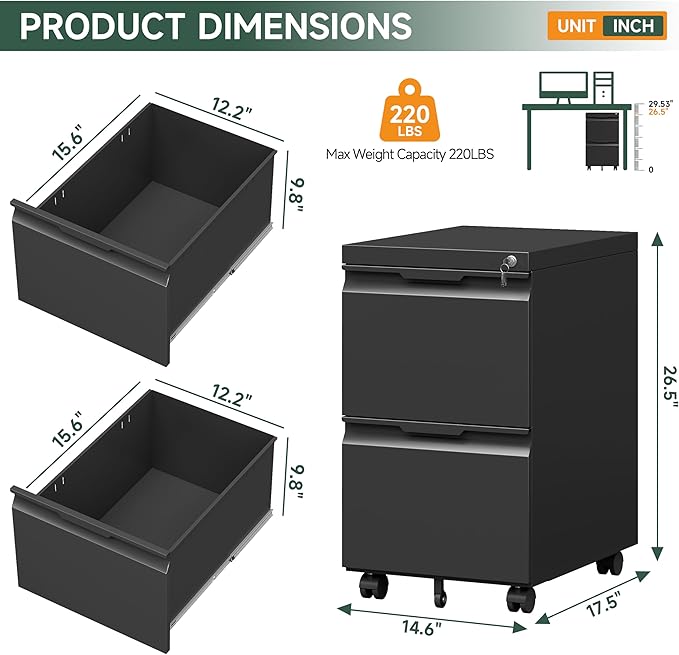 2 Drawer Metal Rolling File Cabinet with Lock, Under Desk Mobile Filing Cabinet for Home Office, Printer Stand with Casters Fits A4/Letter/Legal Size Documents, Black