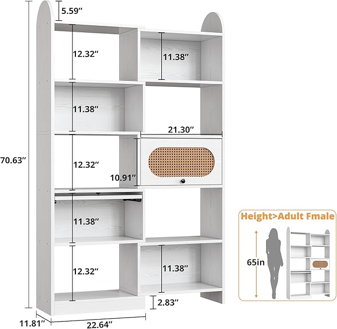 IRONCK 6 Tier Bookshelf, Bookcase with 2 Rattan Flip-Top Cabinets, 8-Cube Storage Organizer Shelf for Living Room, 43.3" White