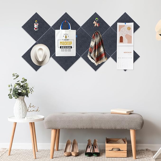 Smarpau Large Cork Board for Walls, 12 Pack Square Bulletin Board, 48"x36" Pin Board with Pushpins Removable Security Stickers, Felt Wall Tiles for Office Home Decoration-Dark Grey