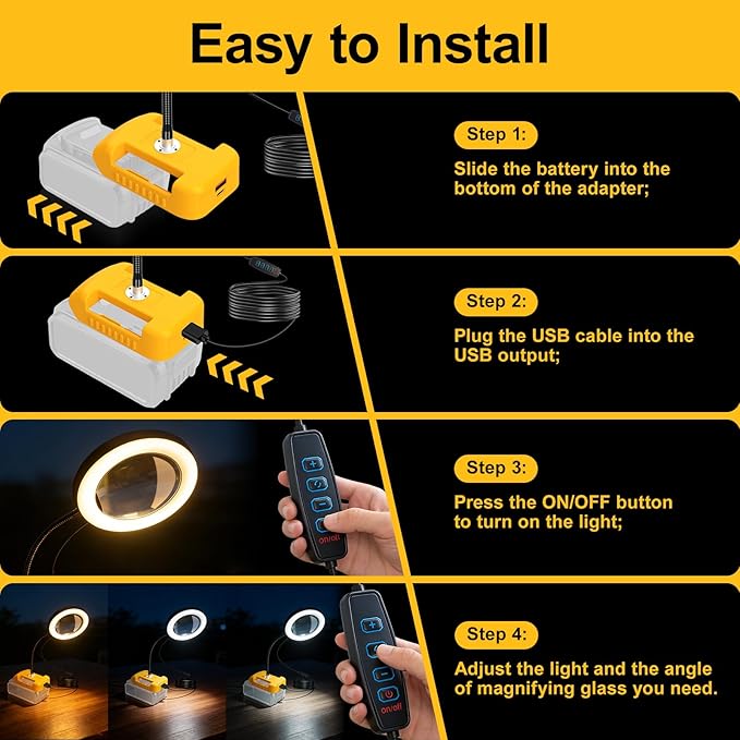 8X Magnifying Glass with Light and Battery Adapter for DeWalt 20V Li-ion Battery, 72 LED 3 Color Modes Stepless Dimmable Desk Lamp, Hands Free Flexible Gooseneck Magnifier for Close Works Crafts Hobby