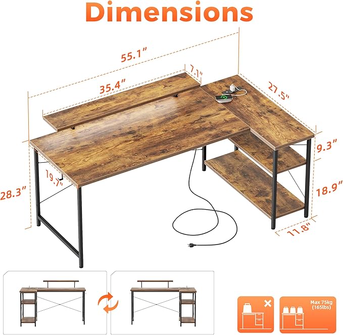 Mericonia Small L Shaped Computer Desk with Power Outlets, Reversible Gaming Desk with Storage Shelves & Monitor Stand, Corner Gamer Desk Table, Study Writing Table