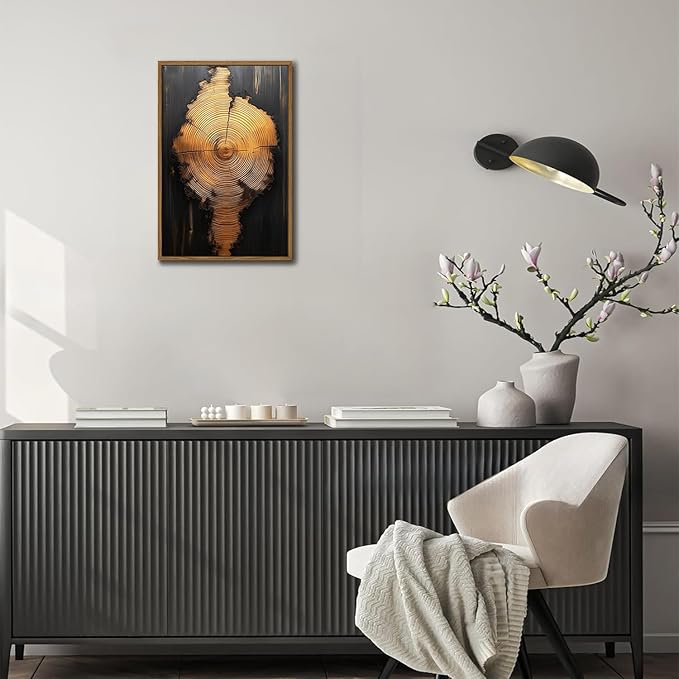 IBHJSART Framed Tree Ring Canvas Wall Art Black And Gold Wall Art Painting Prints Modern Minimalist Pictures Neutral Nature Rustic Farmhouse Decor Living Room Bedroom Bathroom Office