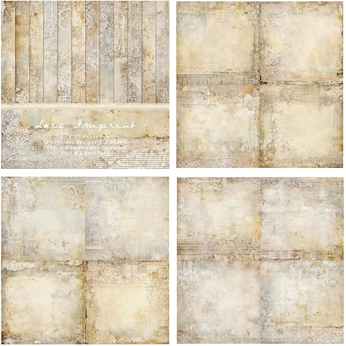 24 Sheets Vintage Lace Scrapbooking Paper Pad 6x6, Neutral Aged Background Craft Paper for Adult Journaling, Card Making, Collage & DIY Scrapbook Projects