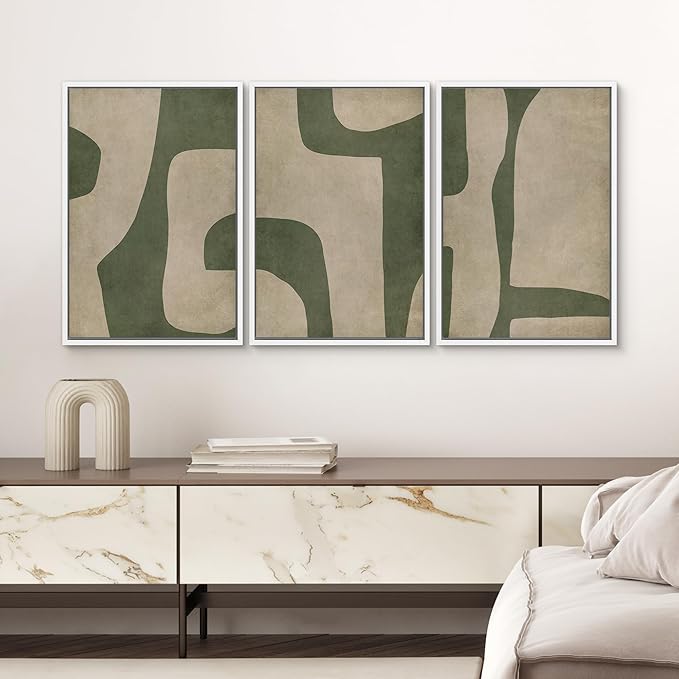 SIGNWIN Framed Canvas Print Wall Art Set Abstract Geometric Green and Beige Tones Illustrations Modern Art Decorative Boho Relax/Zen Nordic for Living Room, Bedroom, Office - 24"x36"x3 White