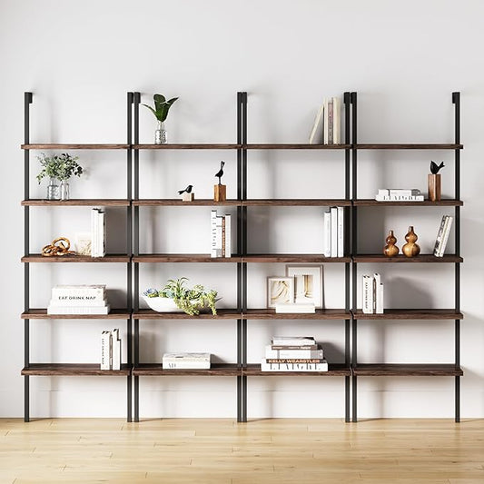 Nathan James Theo 5-Shelf Wood Modern Bookcase, Open Wall Mount Ladder Bookshelf with Industrial Metal Frame, Dark Walnut Brown/Black, Set of 4