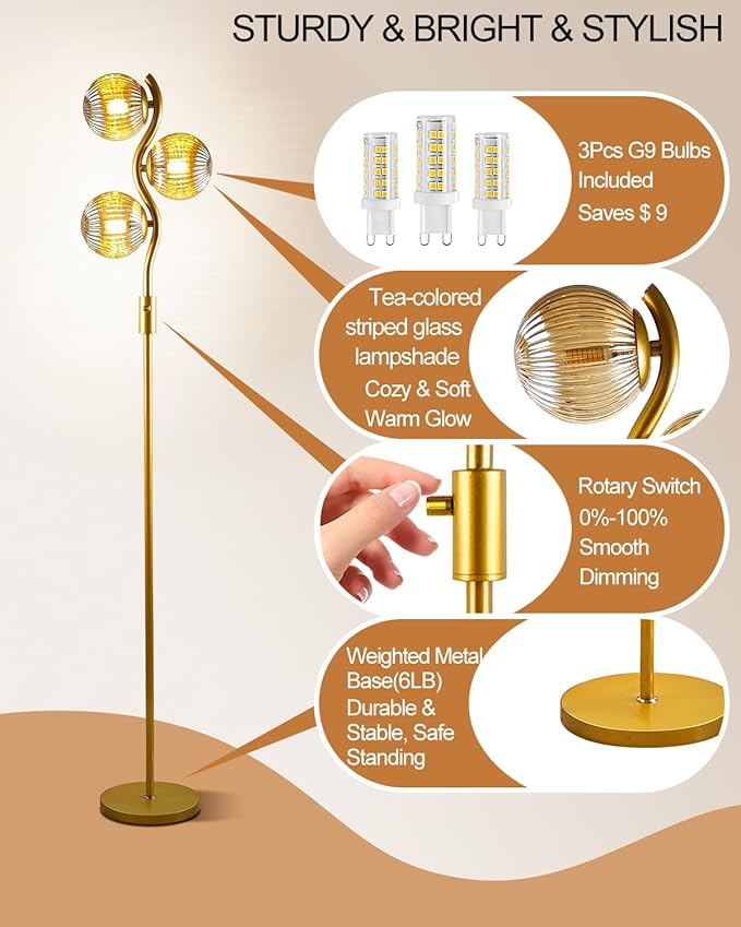 Lightdot 60IN Dimmable Gold Floor Lamp with 3 Glass Globe Mid Century Standing Lamps with 3Pcs 3000K Bulbs Included Stepless Brightness Adjustable Modern Tall Lamp for Bedroom/Sofa Beside/Corner Decor
