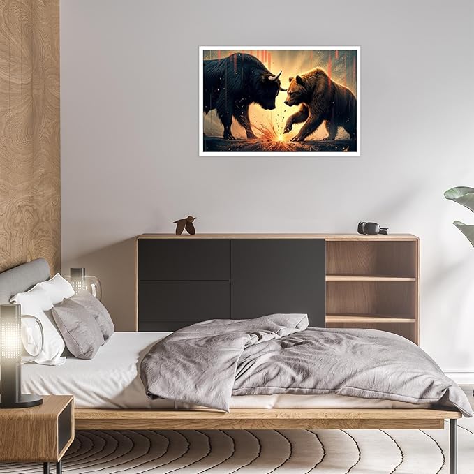 Trendy Bull And Bear Confrontation Wall Art Funny Bull And Bear Stock Market Canvas Posters Funny Animal Prints Painting For Office Living Room Wall Decor 12x16in Unframed