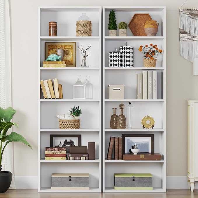 6-Tier Bookshelf & Bookcase Set of 2, Floor Standing Open Book Shelf, Wooden Display Storage Shelves with Anti-Tipping Device, 71" Tall Bookshelves for Bedroom, Living Room and Office, White