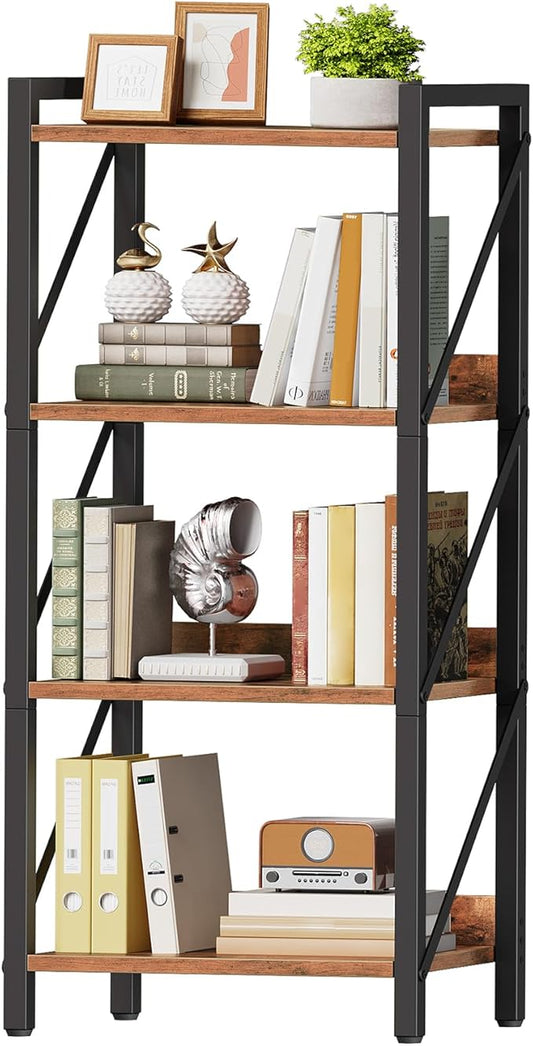 HOOBRO Bookshelf, 4-Tier Industrial Bookcase, Book Shelf Storage Organizer, Small Bookshelf with Metal Frame for Living Room, Bedroom, Home Office, Kitchen, Rustic Brown and Black BF40SJ01