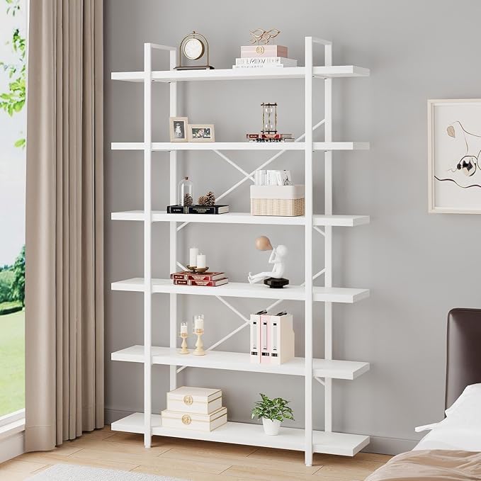 HSH 6 Tier Tall White Bookshelf, Industrial Modern Vertical Metal and Wood White Bookcases 6 Shelf,Farmhouse Open Large Storage Book Shelves & Display Book Shelf for Bedroom Living Room Office