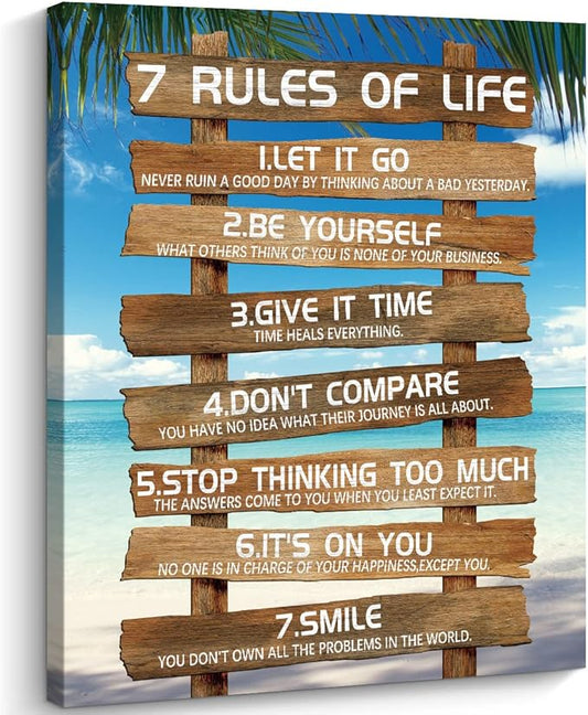 Kas Home Inspirational Wall Art - 7 Rules of Life Motivational Canvas Wall Decor Beach Positive Quotes Living Room Rustic Framed Art Gift for Bedroom Bathroom (12 x 15 inch, Brown - 7 Rules)