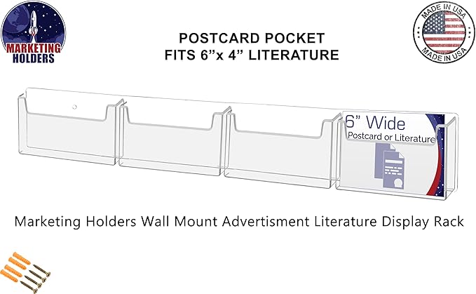 Marketing Holders Postcard Holder 4 Pocket Clear Acrylic Wall Rack with Hanging Hardware Holds 6" x 4" Printed Material Recipe Index Cards Mail Bin Recipe Notepads Messages Distribution