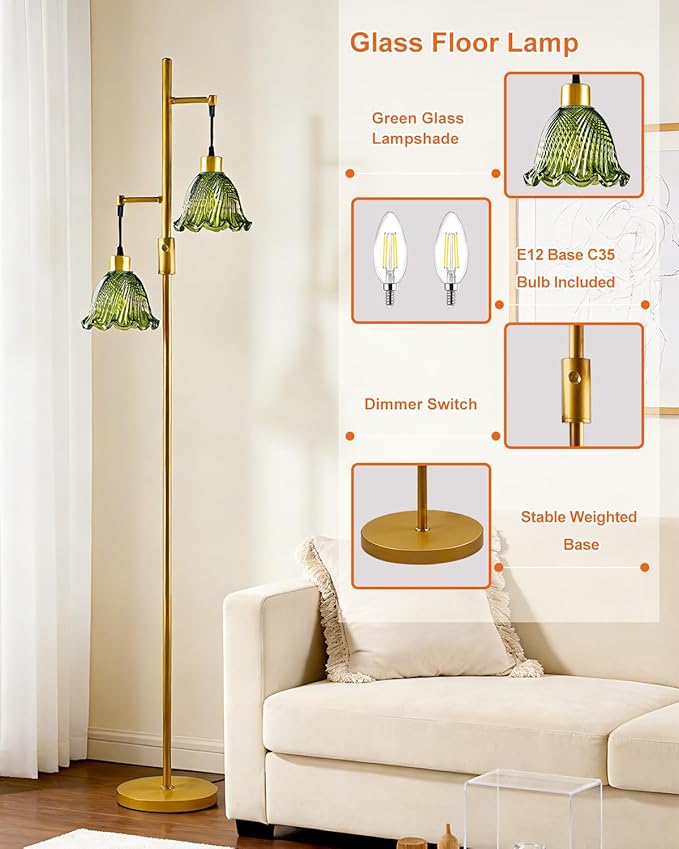 Lightdot 2- Light Gold Flower Floor Lamp for Living Room, 65IN Dimmable Floor Lamps with Green Glass Shade& 3000K Warm White Bulbs, Modern Standing Tall Lamp for Bedroom Office Sofa Beside Home Decor