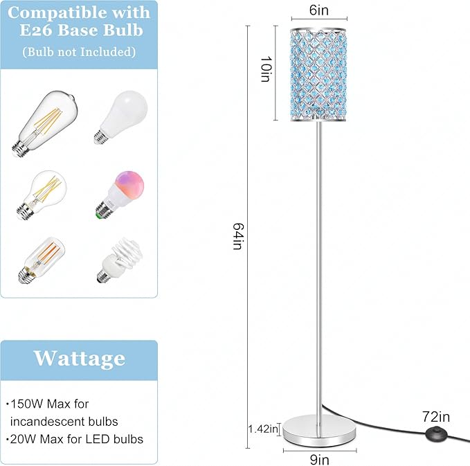 Floor Lamp for Living Room, Crystal Floor Lamp Girl Bedroom Lights, Silver Standing Lamps with Teal Shade, Elegant Standing Light Tall Pole Lamp for Bedroom, Dresser, Office (E26 Base)