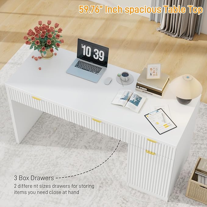 60" Executive Desk with Fluted Drawers, Wood Home Office Desk with Storage Cabinet, Fluted Reversible Computer Writing Desk for Study, Living Room,White