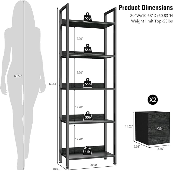 Furologee 5-Tier Bookshelf Set of 2, Tall Bookcase with 2 Drawers and Shelves, Industrial Display Free Standing Shelf Units, Storage Rack Organizer for Bedroom, Living Room, Home Office, Black Oak