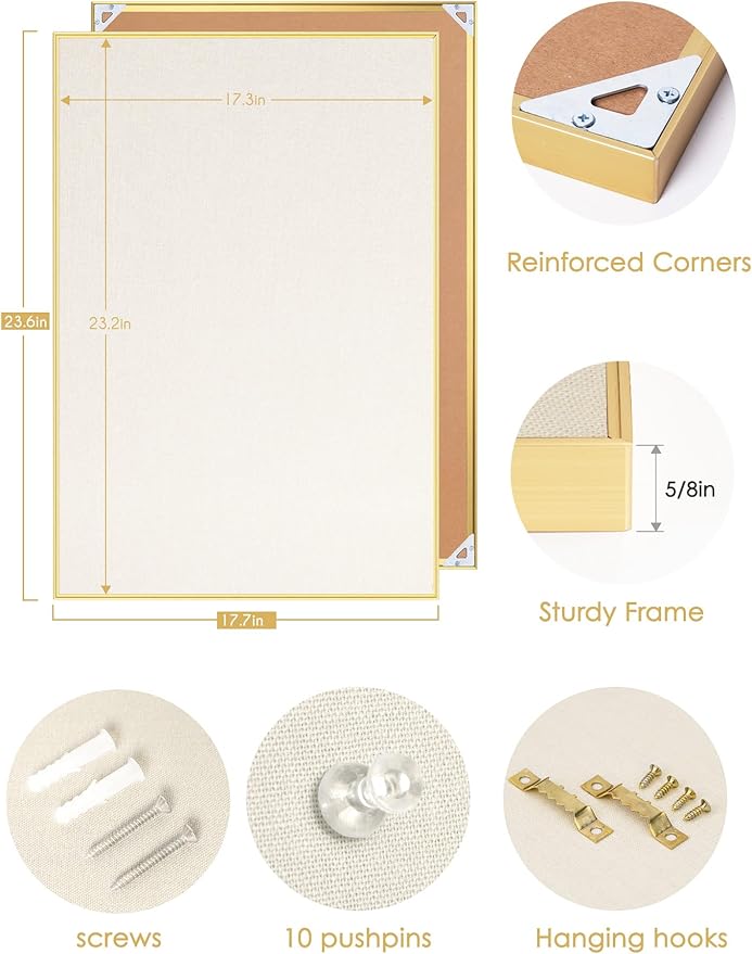 Bulletin Board 24 x 18 inches, Oatmeal White Pin Board, Golden Aluminum Framed Fabric Cork Board with 10 Push Pins