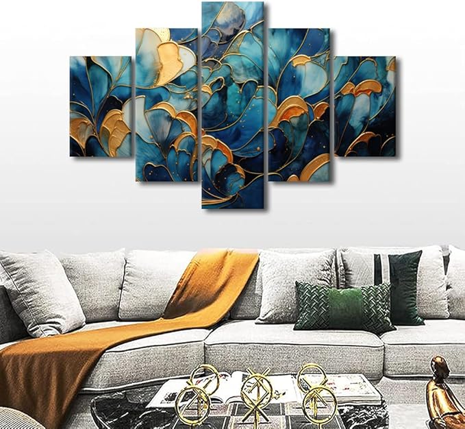 Canvas Wall Art Decor Modern Abstract Canvas Wall Art Abstract Flower Wall Art Blue and Gold Marble Poster Prints 5 Panel Canvas Art for Bedroom Decor Stretched and Framed Ready to Hang 60x40 in