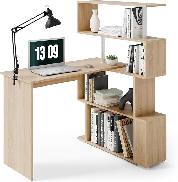 L Shaped Computer Desk, Corner Desk, 360 Degree Rotatable, Space Saving Table with Spacious Storage for Home Office Workstation Study, 157 x 45 x 130.5 cm, Oak
