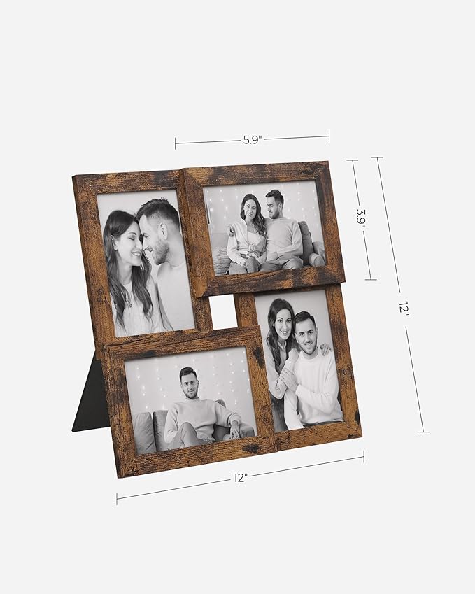 SONGMICS Collage Picture Frames, 4x6 for Wall Decor, Multi Family Photo for Gallery Decor, Hanging Display, Set of 4, Rustic Brown URPF025X01