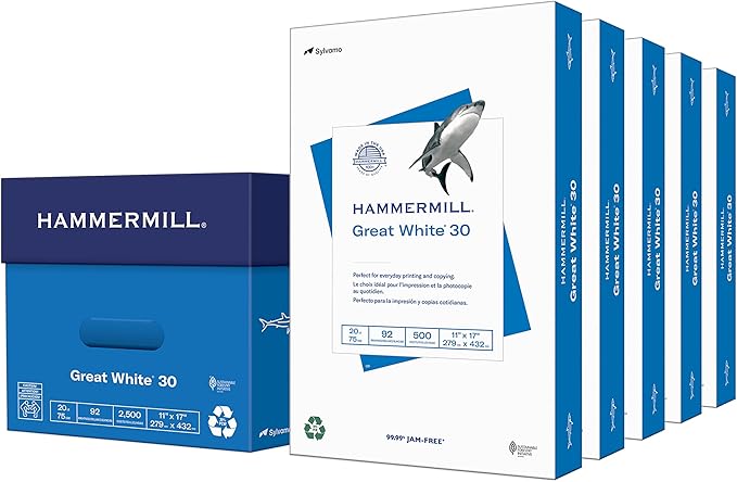 Hammermill Printer Paper, Great White 30% Recycled Paper, 11 x 17 - 5 Ream (2,500 Sheets) - 92 Bright, Made in the USA, 086750C