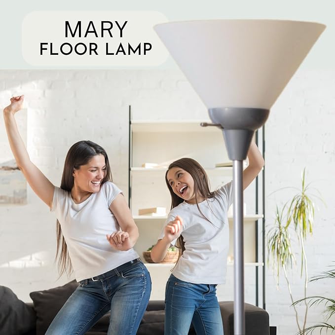 LIGHTACCENTS Mary Torchiere Floor Lamp – Silver Standing Lamp with White Shade and Rotary Switch, Modern Pole Light for Living Room, Bedroom, Office, or Dorm – Slim Minimalist Design