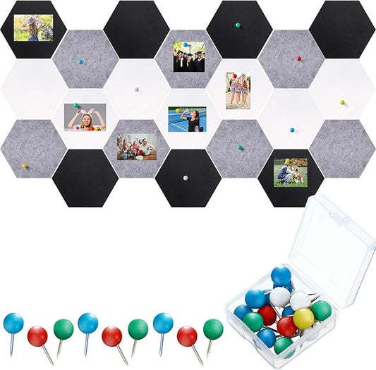 21 Pieces Pin Board Hexagon Felt Board Tiles Bulletin Board Memo Board Notice Board with 40 Pieces Push Pins for Home Office Classroom Wall Decor 5.9 x 7 Inches/ 15 x 17.7 cm (Black, White, Grey)