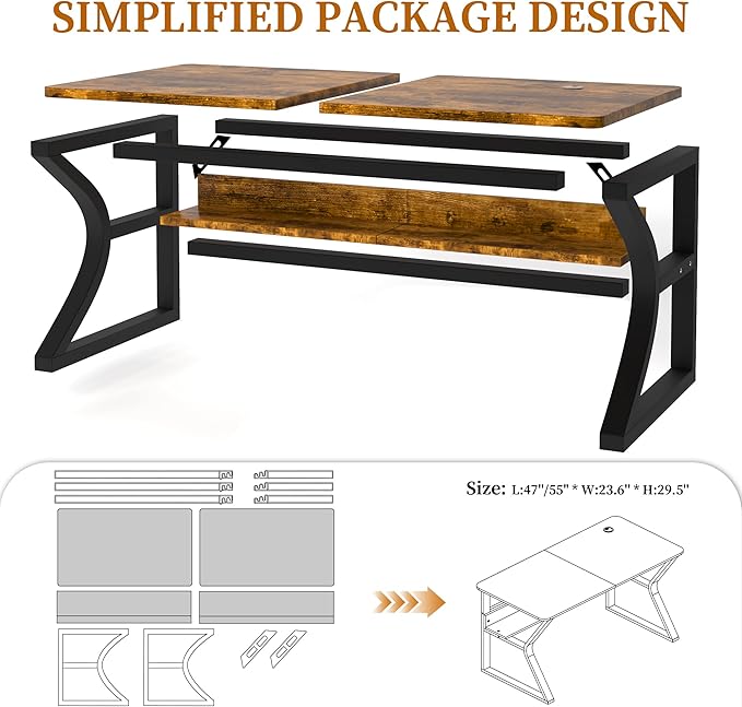 StarGraph Computer Desk 55 Inch Large Computer Desk with Storage Shelf Home Office Desk with C Shaped Metal Frame Writing Work Study Student Home Bedroom Office (Brown, 55inch)