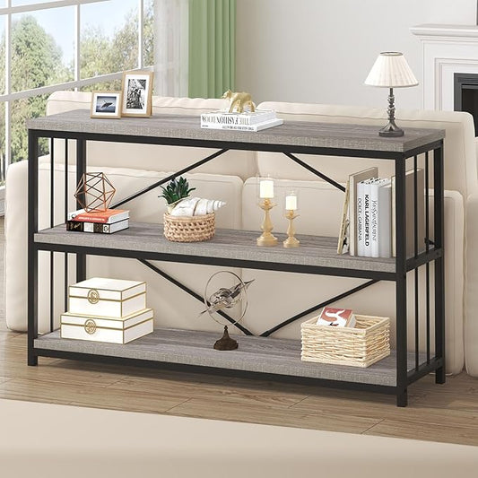HSH Horizontal Bookshelf, Industrial Metal Wood Low Bookcase, Open 3 Tier Small Bookshelves with Storage for Living Room, Farmhouse Short Etagere Book Shelf for Office Bedroom, Light Grey Oak, 47 Inch