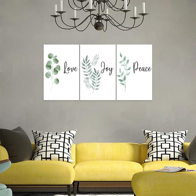 3 Piece Inspirational Wall Art, White Plants Background Picture, Quotes "Love Joy Peace" Canvas Print for Bedroom Decor, Triptych Entrepreneur Painting Framed Artwork for Gym Wall Decor (48"Wx24" H)