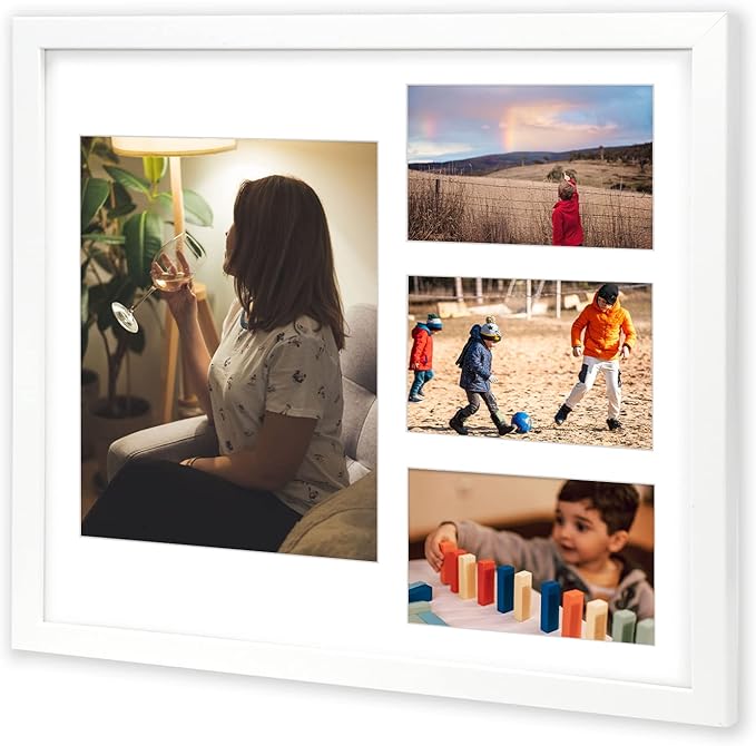Golden State Art, 14x16 White Wood Picture Frame - White Mat for one 8x10 and Three 4x6 Photos - Tempered Glass, Sawtooth Hanger, Swivel Tabs - Wall Mounting - Great for Gift