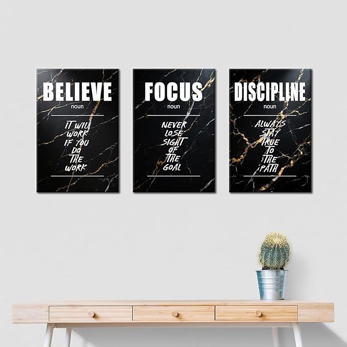 Motivational Canvas Wall Art Believe Focus Discipline Entrepreneur Quotes Poster Print Inspirational Pictures Painting for Office Class Room School Wall Decoration Stretched and Framed [48''Hx24''W]