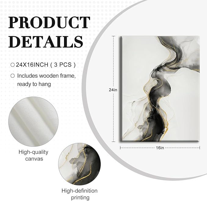 NCCXNCC 3-Pcs Black and White Abstract Canvas Wall Art Modern Black and White Gold Line Wall Decor Painting Fluid Ink Minimalist Style Poster Print Suitable for Living Room Bedroom 16x24 Inch Framed