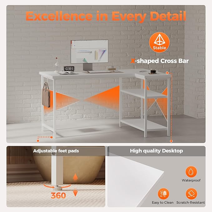 Mericonia Small L Shaped Computer Desk, Reversible Gaming Desk with Storage Shelves, Corner Gamer Desk Table, Study Writing Table