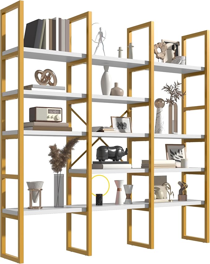Jehiatek Gold Bookshelf 5 Tiers, Geometric Bookcase, 71"L x 71"H Tall Etagere Book Case, Sturdy Metal Frame, Freestanding Display Shelving Unit for Home, Office, Library