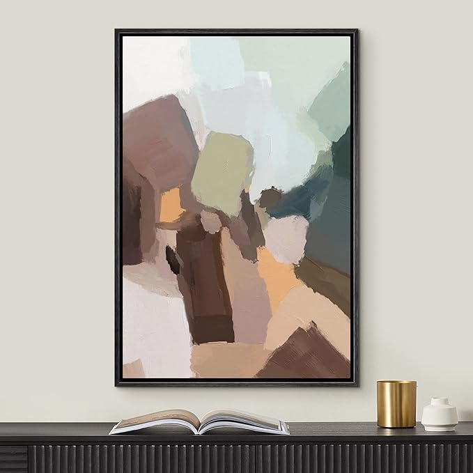 MUDECOR Framed Canvas Print Wall Art Multicolor Brown Green Watercolors Abstract Shape Illustrations Modern Art Decorative Bohemian Colorful Chic for Living Room, Bedroom, Office - 16"x24" Black